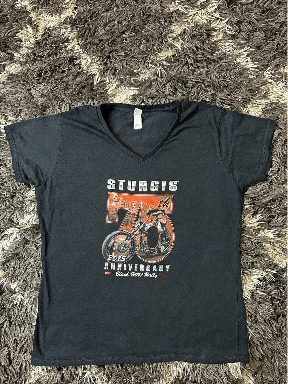 Sturgis 75th Anniversary 2015 Black Hills Rally V-Neck T Shirt Womens 3XL Black